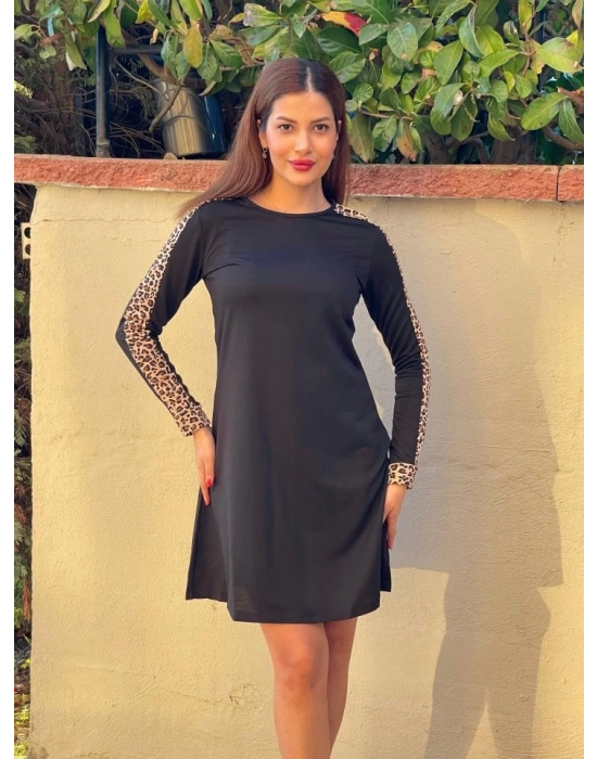 Kadın Uzun Kollu Bisiklet Yaka Kollar Leopar Detay Iki Iplik Mini Boy Elbise
