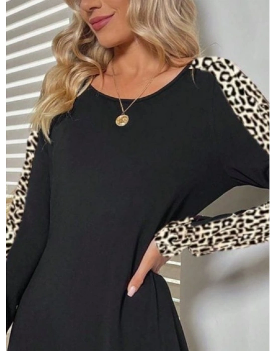 Kadın Uzun Kollu Bisiklet Yaka Kollar Leopar Detay Iki Iplik Mini Boy Elbise