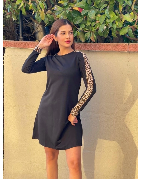 Kadın Uzun Kollu Bisiklet Yaka Kollar Leopar Detay Iki Iplik Mini Boy Elbise