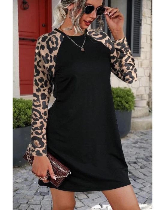 Kadın Uzun Kollu Bisiklet Yaka Kollar Leopar Detay Krep Mini Boy Elbise