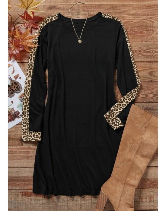 Kadın Uzun Kollu Bisiklet Yaka Kollar Leopar şeritli Salaş Iki Iplik Elbise