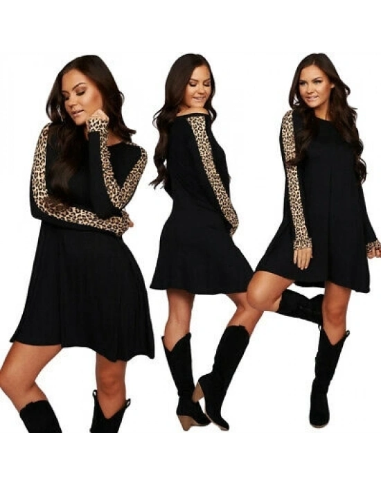 Kadın Uzun Kollu Bisiklet Yaka Kollar Leopar şeritli Salaş Iki Iplik Elbise
