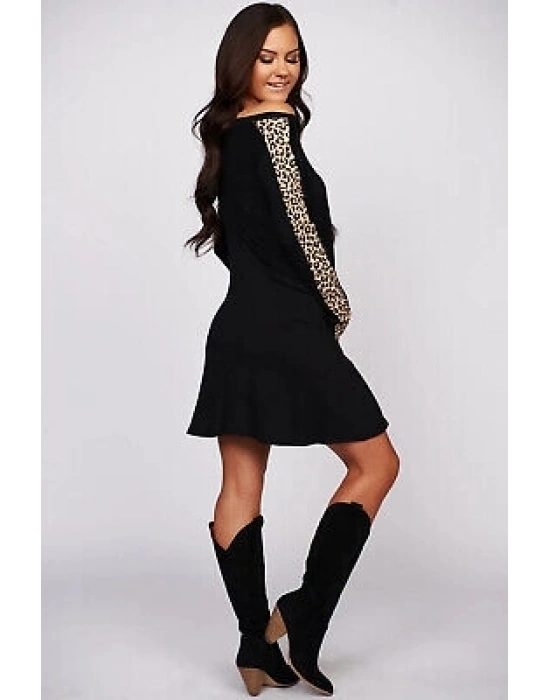 Kadın Uzun Kollu Bisiklet Yaka Kollar Leopar şeritli Salaş Iki Iplik Elbise