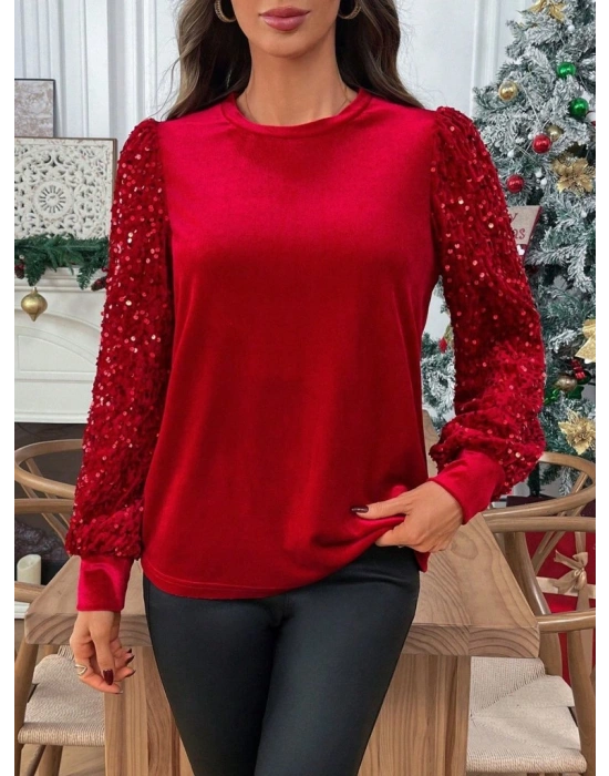 Kadın Uzun Kollu Bisiklet Yaka Kollar Pulpayet Kadife Bluz