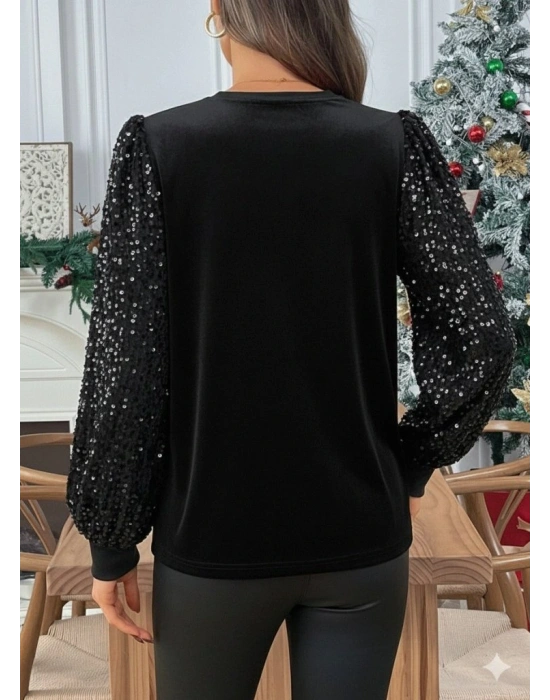 Kadın Uzun Kollu Bisiklet Yaka Kollar Pulpayet Kadife Bluz
