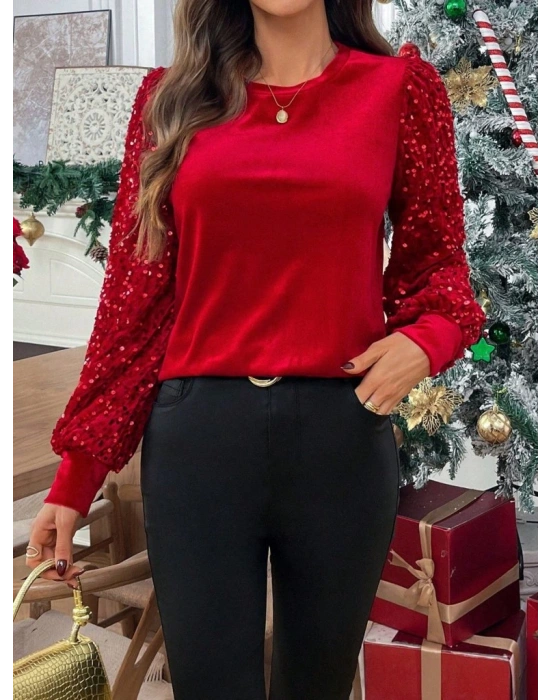 Kadın Uzun Kollu Bisiklet Yaka Kollar Pulpayet Kadife Bluz