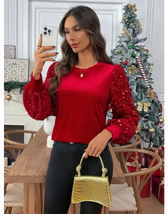 Kadın Uzun Kollu Bisiklet Yaka Kollar Pulpayet Kadife Bluz