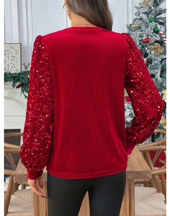 Kadın Uzun Kollu Bisiklet Yaka Kollar Pulpayet Kadife Bluz