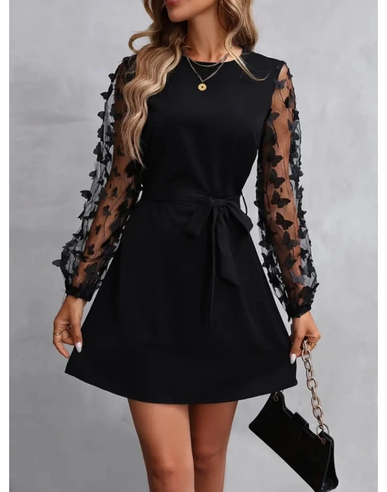 Kadın Uzun Kollu Bisiklet Yaka Kollar Tül Kelebek Detaylı Ithal Krep Elbise