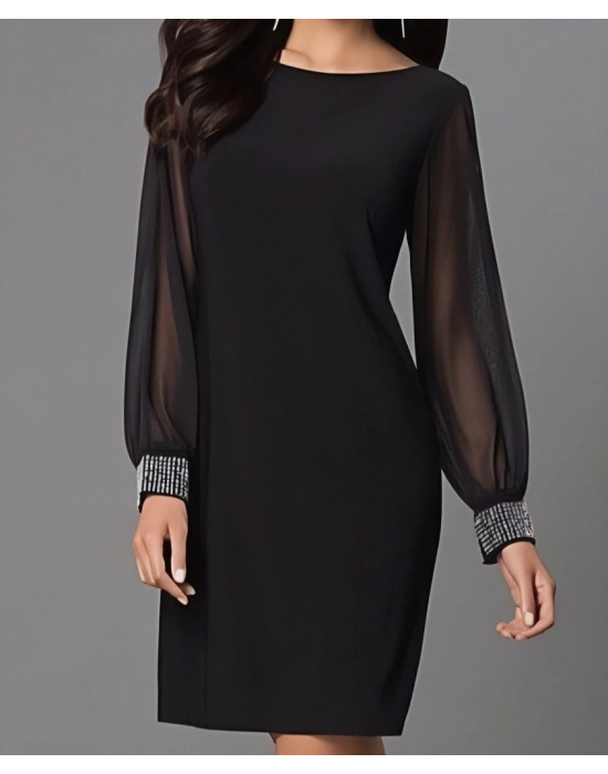 Kadın Uzun Kollu Bisiklet Yaka Kollar Tül Manşet Taş Işlemeli Krep Elbise