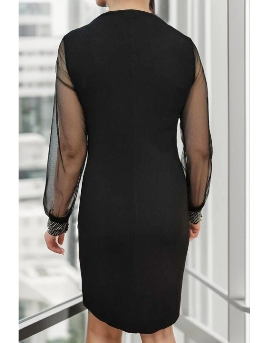 Kadın Uzun Kollu Bisiklet Yaka Kollar Tül Manşet Taş Işlemeli Krep Elbise