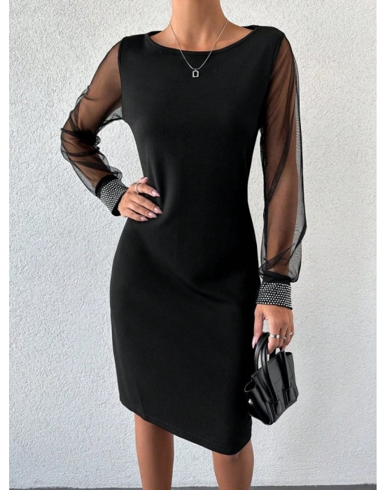 Kadın Uzun Kollu Bisiklet Yaka Kollar Tül Manşet Taş Işlemeli Krep Elbise