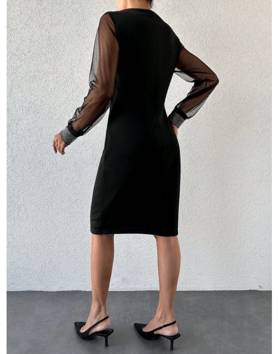 Kadın Uzun Kollu Bisiklet Yaka Kollar Tül Manşet Taş Işlemeli Krep Elbise