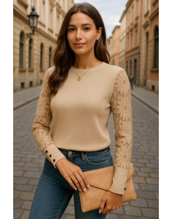 Kadın Uzun Kollu Bisiklet Yaka Kolları çiçekli Waffle Bluz