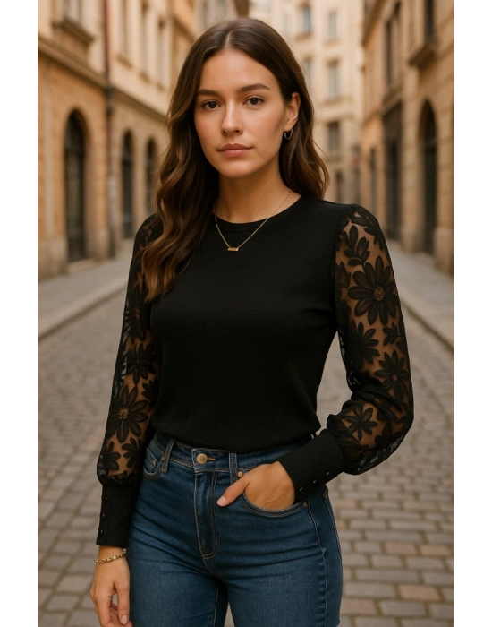 Kadın Uzun Kollu Bisiklet Yaka Kolları çiçekli Waffle Bluz