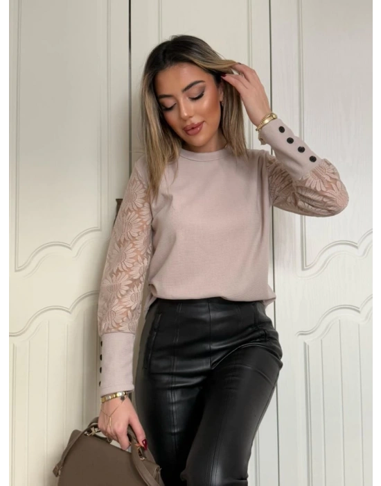 Kadın Uzun Kollu Bisiklet Yaka Kolları çiçekli Waffle Bluz