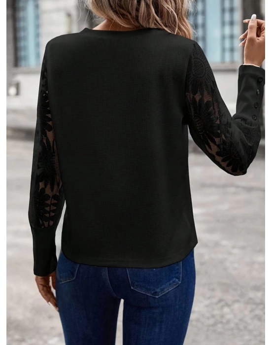 Kadın Uzun Kollu Bisiklet Yaka Kolları çiçekli Waffle Bluz
