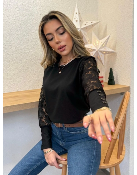 Kadın Uzun Kollu Bisiklet Yaka Kolları çiçekli Waffle Bluz