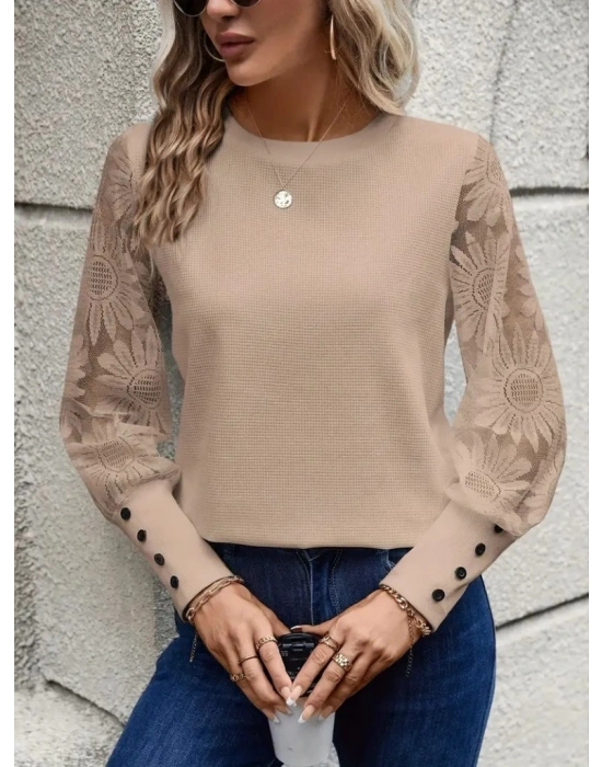 Kadın Uzun Kollu Bisiklet Yaka Kolları çiçekli Waffle Bluz