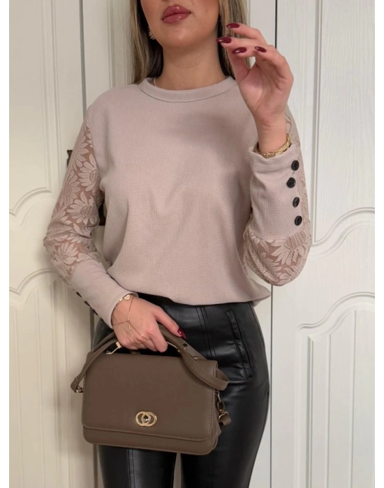 Kadın Uzun Kollu Bisiklet Yaka Kolları çiçekli Waffle Bluz