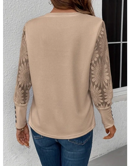 Kadın Uzun Kollu Bisiklet Yaka Kolları çiçekli Waffle Bluz