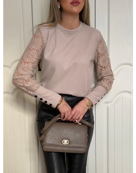 Kadın Uzun Kollu Bisiklet Yaka Kolları çiçekli Waffle Bluz