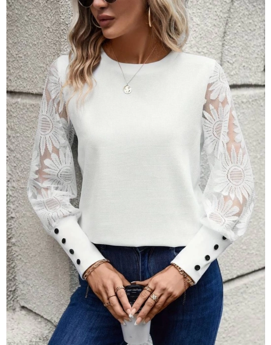 Kadın Uzun Kollu Bisiklet Yaka Kolları çiçekli Waffle Bluz