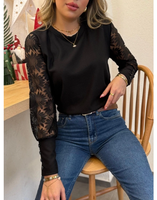 Kadın Uzun Kollu Bisiklet Yaka Kolları çiçekli Waffle Bluz