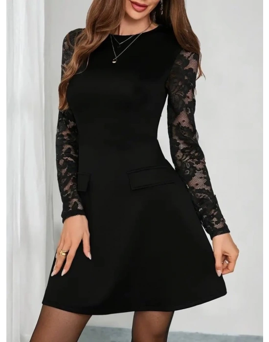 Kadın Uzun Kollu Bisiklet Yaka Kolları Tül Detaylı Mini Ithal Krep Elbise