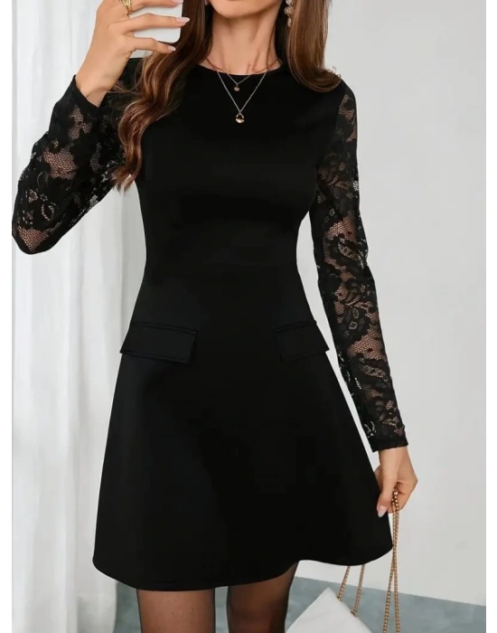 Kadın Uzun Kollu Bisiklet Yaka Kolları Tül Detaylı Mini Ithal Krep Elbise