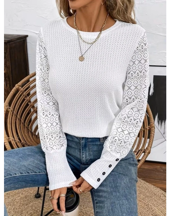 Kadın Uzun Kollu Bisiklet Yaka Kolları Tüllü Waffle Bluz