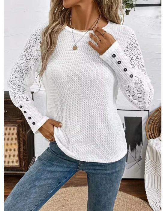 Kadın Uzun Kollu Bisiklet Yaka Kolları Tüllü Waffle Bluz