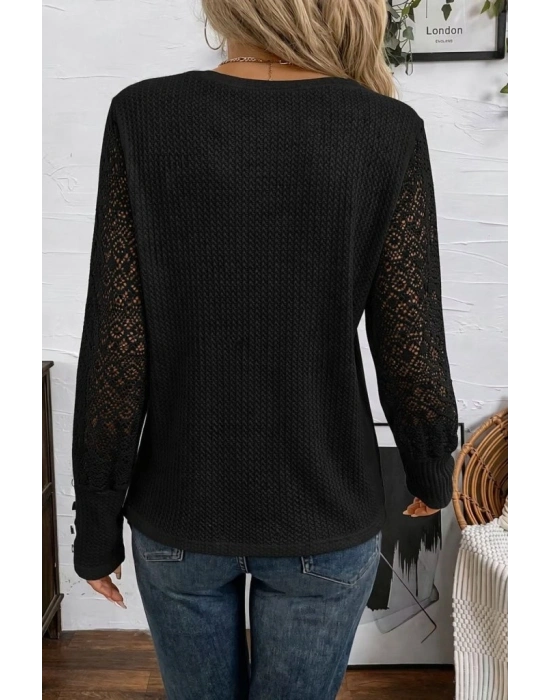 Kadın Uzun Kollu Bisiklet Yaka Kolları Tüllü Waffle Bluz
