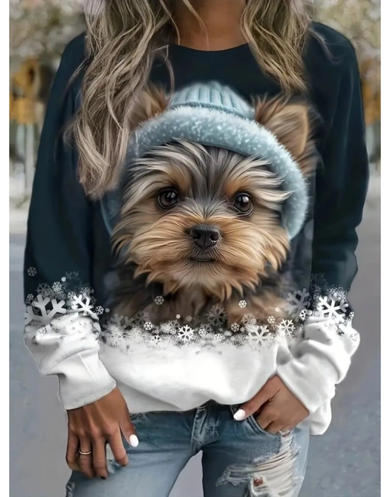 Kadın Uzun Kollu Bisiklet Yaka Köpek Baskılı şardonlu Dalgıç Bluz