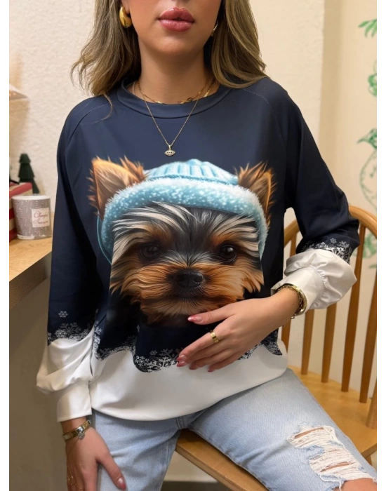 Kadın Uzun Kollu Bisiklet Yaka Köpek Baskılı şardonlu Dalgıç Bluz