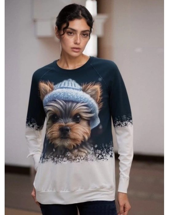 Kadın Uzun Kollu Bisiklet Yaka Köpek Baskılı şardonlu Dalgıç Bluz