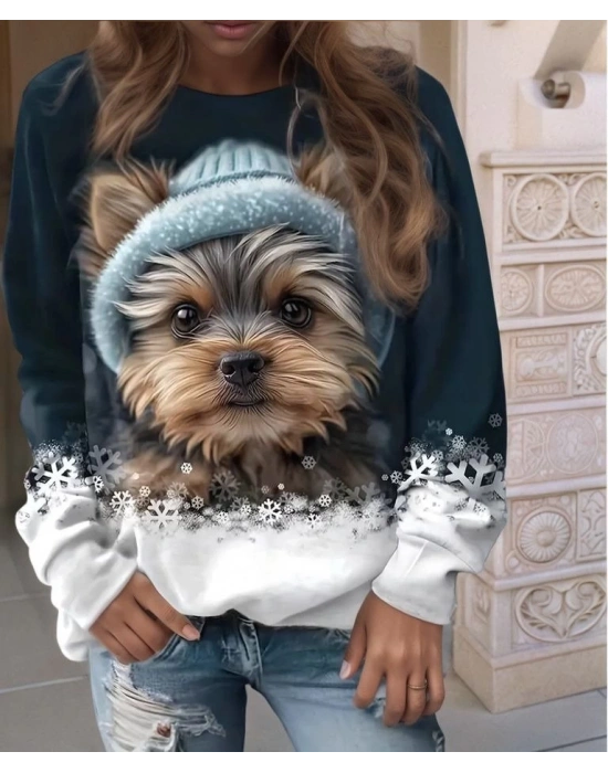 Kadın Uzun Kollu Bisiklet Yaka Köpek Baskılı şardonlu Dalgıç Bluz