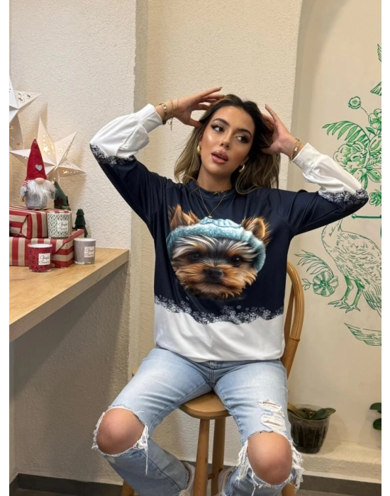 Kadın Uzun Kollu Bisiklet Yaka Köpek Baskılı şardonlu Dalgıç Bluz