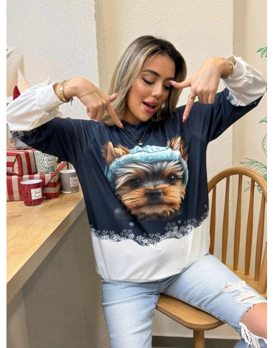 Kadın Uzun Kollu Bisiklet Yaka Köpek Baskılı şardonlu Dalgıç Bluz