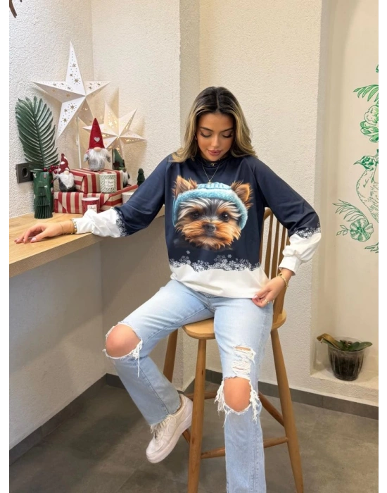 Kadın Uzun Kollu Bisiklet Yaka Köpek Baskılı şardonlu Dalgıç Bluz