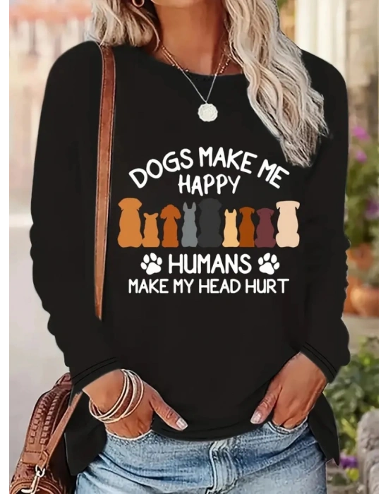 Kadın Uzun Kollu Bisiklet Yaka Köpek Resimli Viskon Bluz