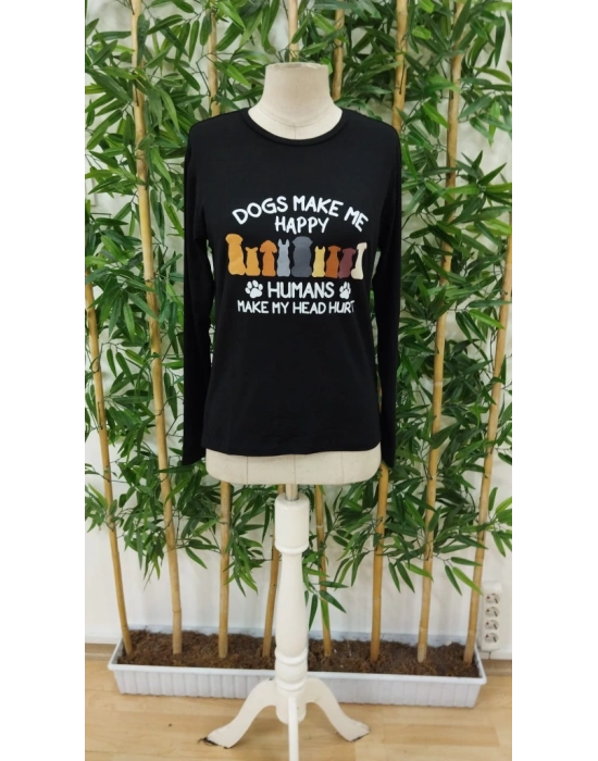 Kadın Uzun Kollu Bisiklet Yaka Köpek Resimli Viskon Bluz