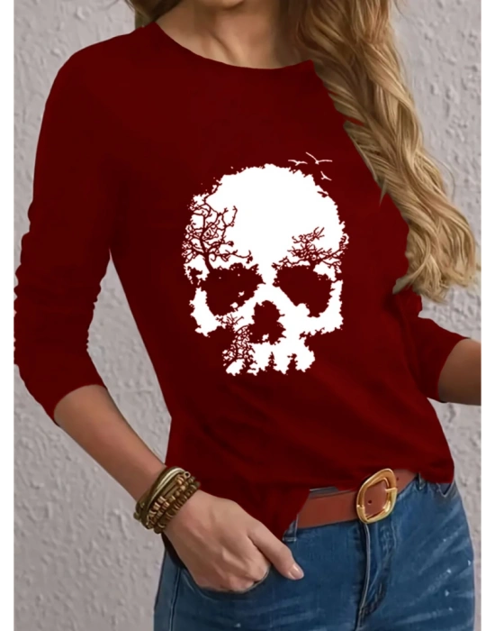 Kadın Uzun Kollu Bisiklet Yaka Kurukafa Desenli Viskon Bluz