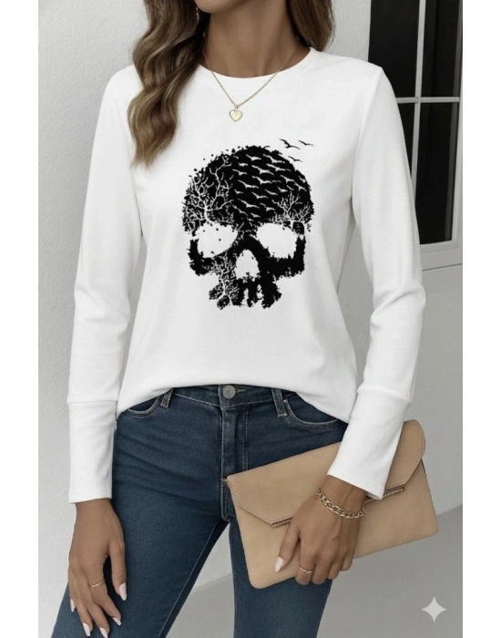 Kadın Uzun Kollu Bisiklet Yaka Kurukafa Desenli Viskon Bluz