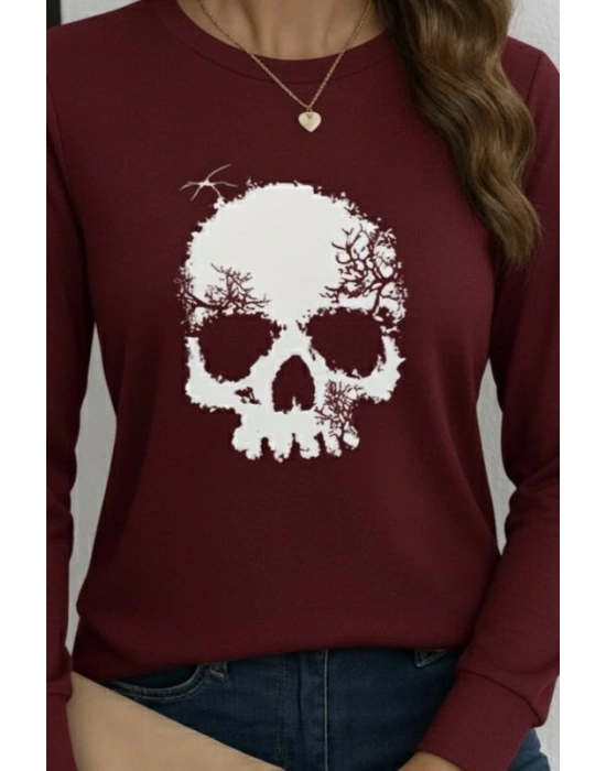 Kadın Uzun Kollu Bisiklet Yaka Kurukafa Desenli Viskon Bluz