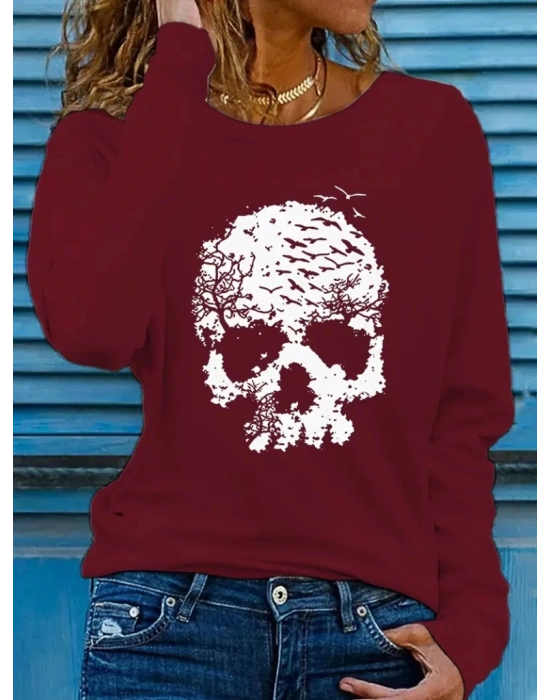 Kadın Uzun Kollu Bisiklet Yaka Kurukafa Desenli Viskon Bluz