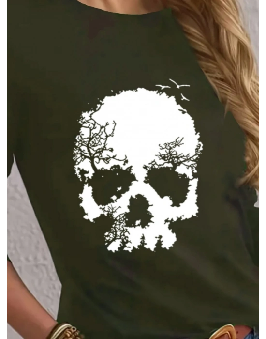 Kadın Uzun Kollu Bisiklet Yaka Kurukafa Desenli Viskon Bluz