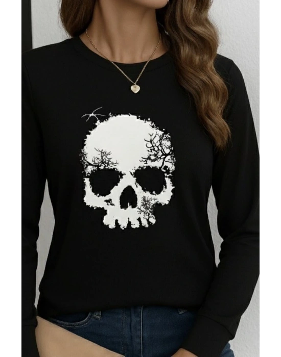 Kadın Uzun Kollu Bisiklet Yaka Kurukafa Desenli Viskon Bluz