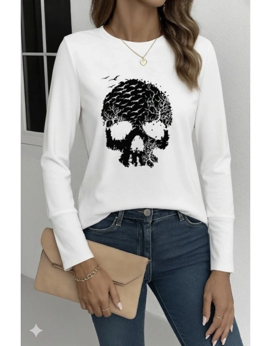 Kadın Uzun Kollu Bisiklet Yaka Kurukafa Desenli Viskon Bluz