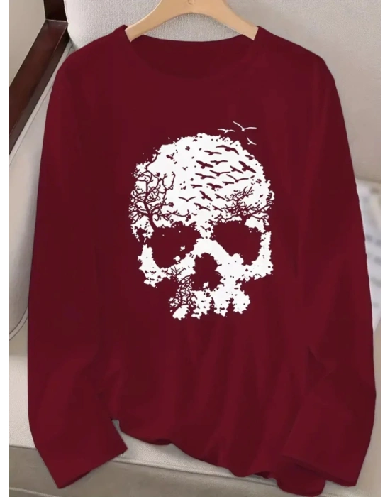 Kadın Uzun Kollu Bisiklet Yaka Kurukafa Desenli Viskon Bluz